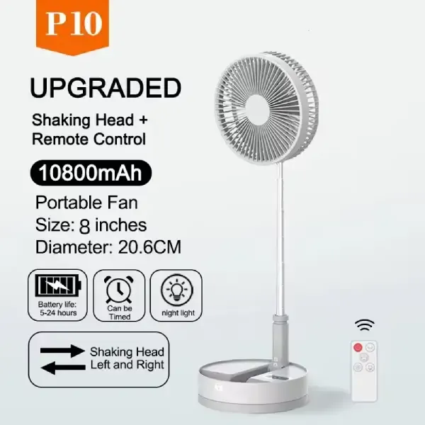 P10 10800mAh Foldable Rechargeable Fan – 8 Inch with Remote - Image 3